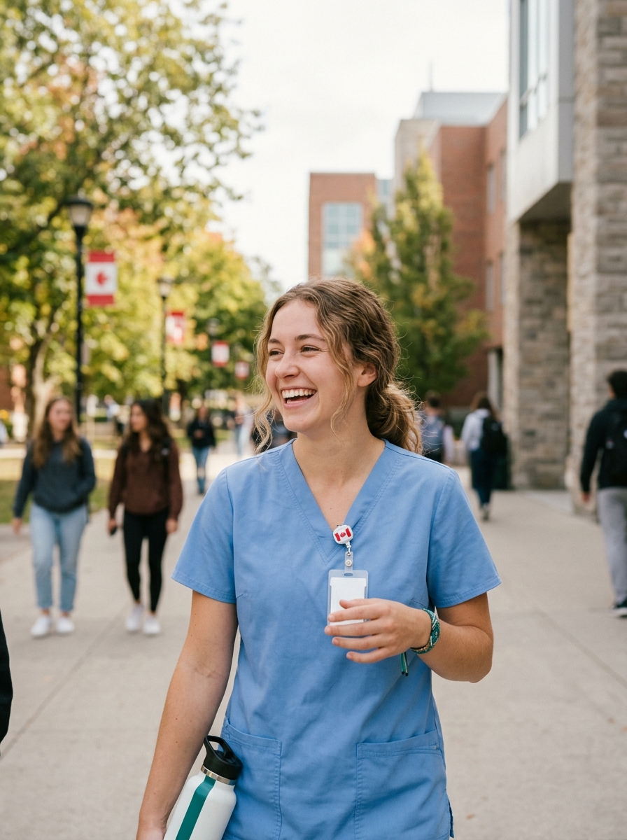 Amara, nursing student, smiling on campus