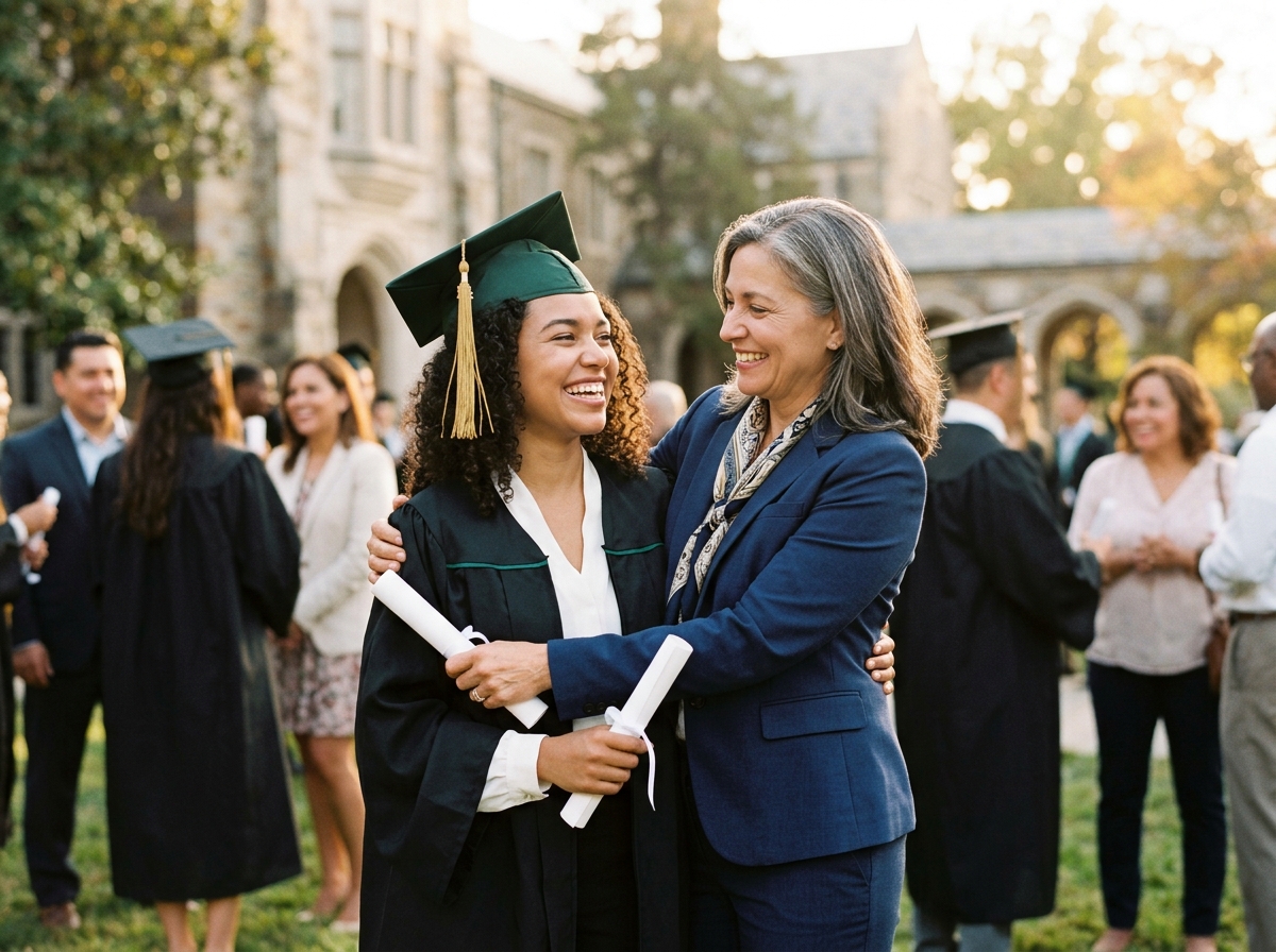 A scholarship recipient celebrating with a mentor